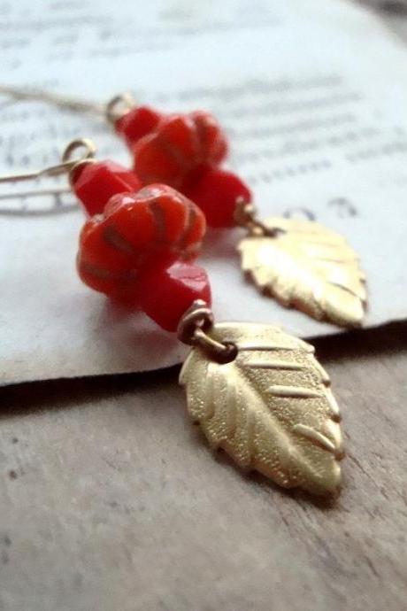 Tomato Red Glass and Brass Leaf Earrings Gold Fall Fashion Holiday Jewelry Nature Inspired Vintage Style Leaf Jewelry Gifts Under 30 