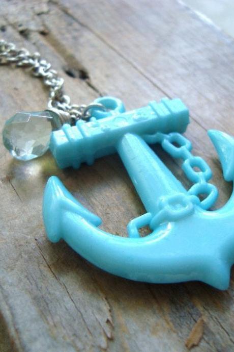 Large Anchor Necklace Aqua Blue Statement Jewelry Nautical Jewelry Summer Jewelry Silver Layering Necklace Beachy Gifts Under 30 