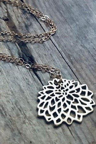 Gold Chrysanthemum Necklace - Small. Gold Filled Metalwork Modern Asian Style Flower Pendant Gifts Under 30 Zen Jewelry Silver Small Floral 