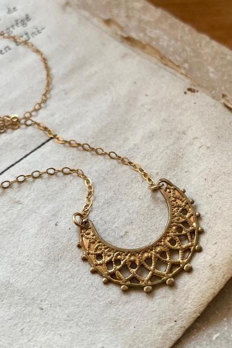Brass Filigree Crescent Necklace Brass Jewelry Golden Simple Vintage Style Mothers Day Gifts Under 30 Art Nouveau Gold Filled Chain Necklace 
