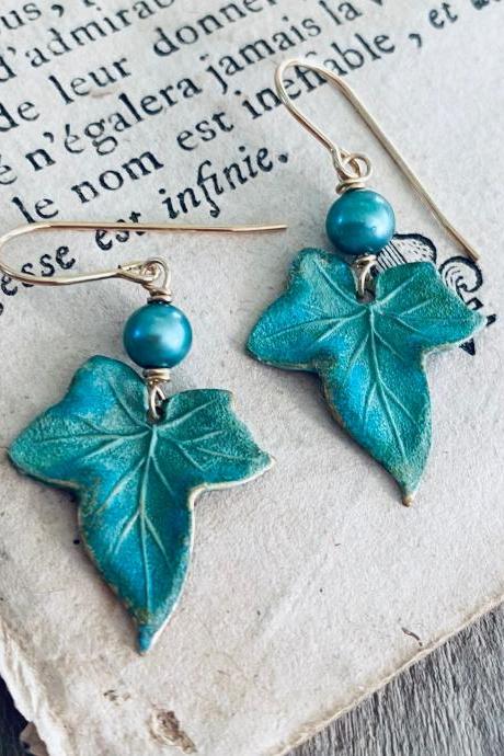 Ivy Leaf Earrings with Aqua Pearl Art Nouveau Nature Inspired Vintage Style Brass Leaf Jewelry Gifts For Her Gifts Under 50 