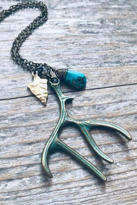 Antler Necklace With Turquoise December Southwestern Statement Necklace Layering Necklace Gifts Under 50 Nature Inspired Western Boho 