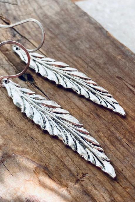 Large Silver Feather Earrings Native American Statement Earrings Nature Inspired Silver Jewelry Gifts Under 40 Long Dangles Boho Bohemian 