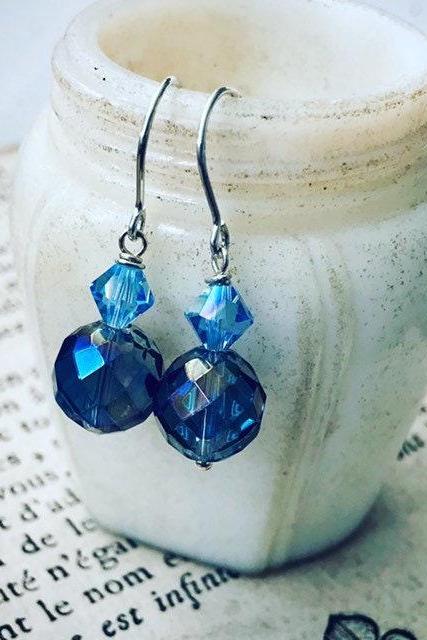 Blue Crystal Earrings Sterling Silver Bridal Jewelry Wedding Jewelry Bridesmaid Gifts Under 30 Weddings Holiday Mothers Day 