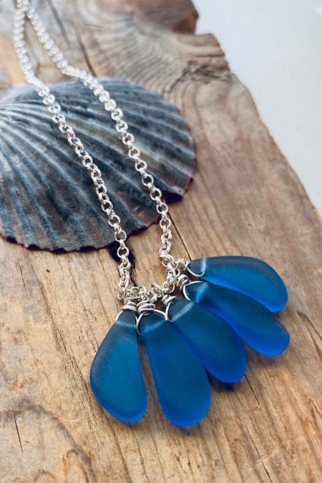 Sea Glass Necklace - Mermaid's Tears. Sterling Silver Cobalt Blue Summer Fashion Beachy Mothers Day Jewelry Recycled Glass Gifts Under 50 
