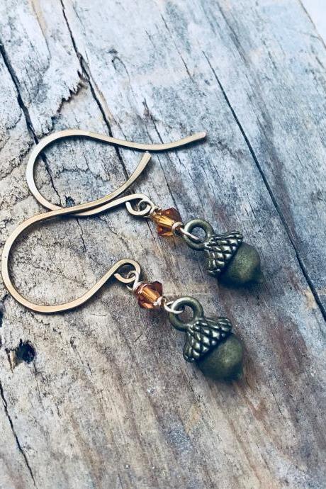 Brass Acorn Earrings With Crystal Nature Inspired Whimsical Woodland Simple Gifts Under 20 Squirrel Fun Jewelry Rustic Gifts For Her 