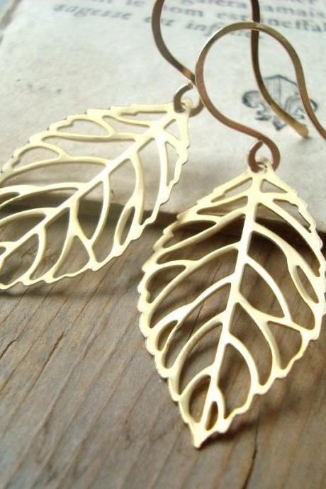 Gold Cutout Leaf Earrings Nature Inspired Modern Zen Minimalist Gifts Under 25 Woodland Jewelry Fall Fashion Dangles Gifts For Her 300