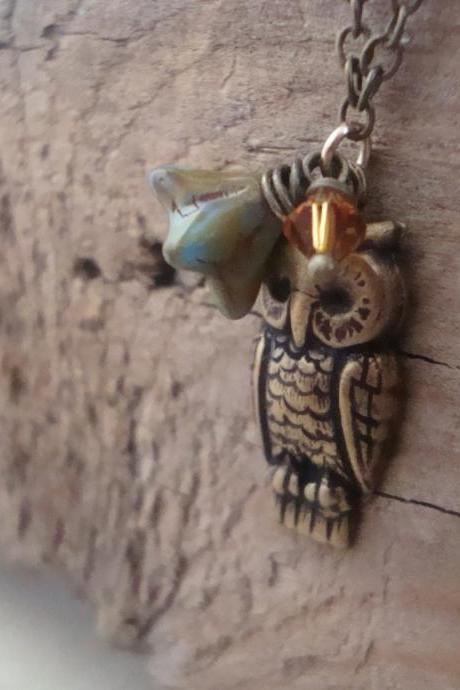 Brass Owl Necklace Nature Inspired Woodland Rustic Charm Necklace Fall Jewelry Owl Jewelry Brass Jewelry Gifts Under 40 Mothers Day 