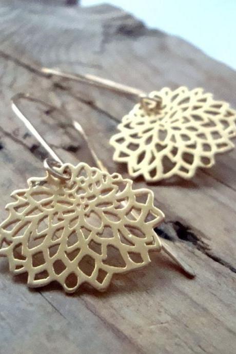 Gold Chrysanthemum Earrings Gold Metalwork Simple Modern Flower Jewelry Asian Style Zen Gifts Under 40 Long Dangles Floral Earrings 