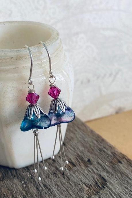 Blue Holiday Blossom Earrings With Fuchsia Crystals Silver Mothers Day Bridesmaid Flower Floral Holiday Jewelry Gifts Under 40 Spring 
