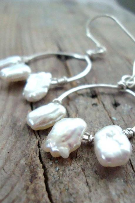 Small Hoop Earrings With White Keshi Pearl Sterling Wire Wrapped June Birthstone Pearl Jewelry Modern Bridal Metalwork Gifts Under 50 