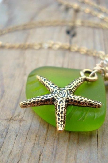Gold Starfish and Green Sea Glass Necklace With Crystal Gold Jewelry Beachy Summer Jewelry Gemstone Bridesmaid Necklace 