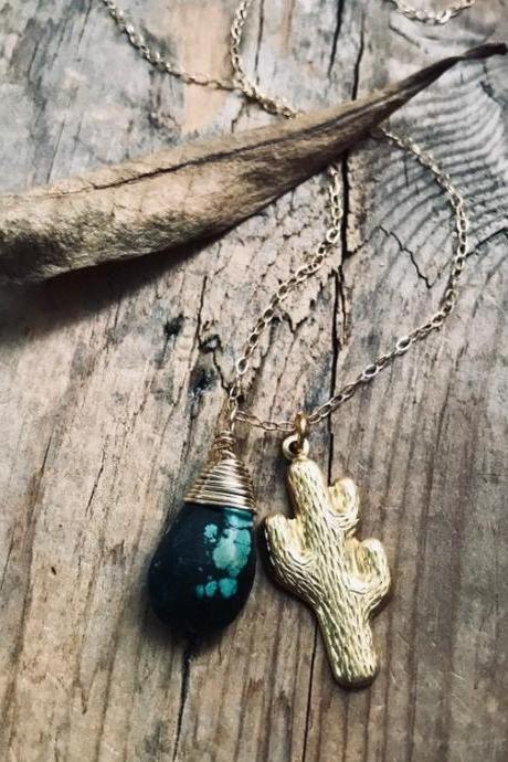 Cactus Necklace with Turquoise - Brass Jewelry, Gold, December Birthstone, Charm Jewelry, Desert, Gifts for Her, Coachella, Boho, Bohemian 