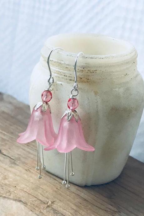 Pink Lucite Blossoms Earrings With Crystal Silver Easter Spring Flower Jewelry Holiday Bridal Bridesmaid Floral Jewelry Mothers Day Gifts 
