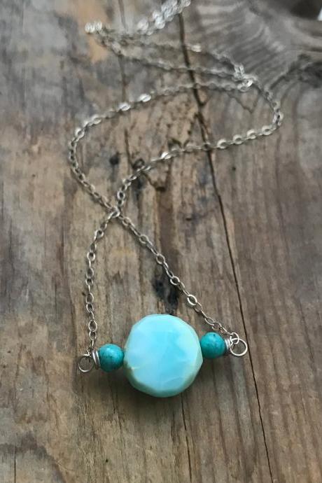 Blue Opal and Turquoise Necklace, Sterling Silver Pendant October Birthstone Ocean Blues Gifts Under 50 Gemstone Jewelry Aqua Blue 