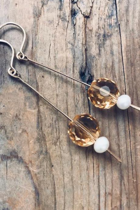 Citrine Stick Earrings With Pearl Gold Filled Golden Faceted Gemstone Metalwork November Birthstone Gifts Under 40 Modern Bridal 