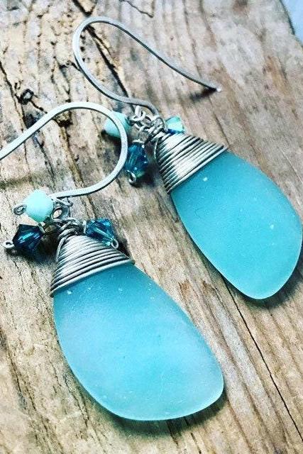 Pastel Aqua Sea Glass Earrings With Crystal Sterling Eclipse Silver Summer Fashion Beach Glass Jewelry Mothers Day Beachy Weddings Recycled 