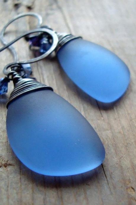 Denim Blue Sea Glass Earrings With Crystal Eclipse Oxidized Sterling Silver Summer Fashion Sea Glass Jewelry Mothers Day Gifts 