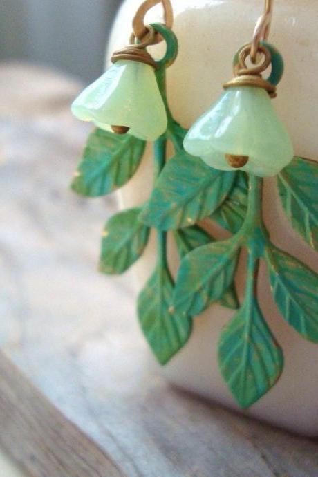 Green Patina Leaf Earrings Hand Painted Flower Jewelry Spring Jewelry Mothers Day Bridesmaid Earrings Dangle Earrings 