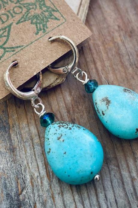 Large Turquoise Teardrop Earrings With Crystal Wire Wrapped Silver Gemstone Dangles Jewelry Boho Beachy December Birthstone 