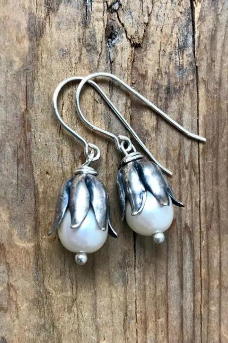 Silver Flower Earrings With Pearl Bridal Weddings Holiday Jewelry Gifts Under 30 Flower Jewelry Floral June Birthstone Small Dangles 