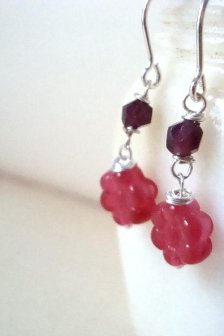 Cranberry Flower Earrings with Garnet Sterling Silver January Birthstone Gemstone Jewelry Red Floral Gifts For Her HolidayJewelry Winter 