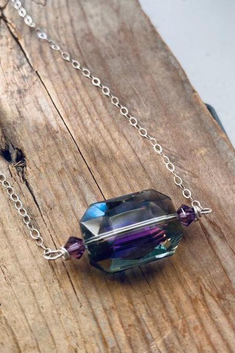 Purple Crystal Necklace - Vintage Square Crystal Wire Wrapped Swarovski Crystal Oxidized Sterling Vintage Style Holiday Jewelry Spring 