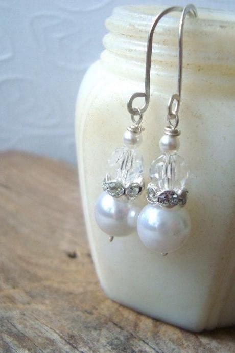 Bridal Earrings White Vintage Crystal Rhinestone And Pearl Shabby Chic Wedding Pearl Jewelry June Birthstone Gifts Under 30
