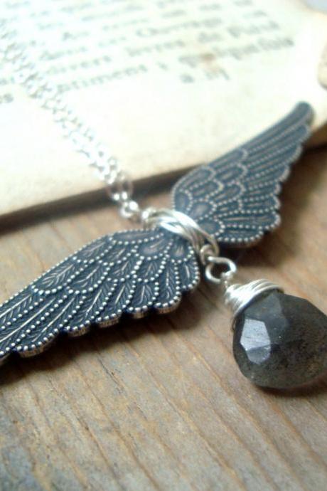 Winged Victory Necklace - Antiqued Silver and Rainbow Labradorite, Vintage Style Silver Angel Wing Necklace Art Nouveau Gifts Under 50 