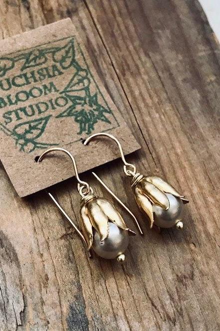 Gold Flower Earrings With Pearl Bridal Weddings Holiday Jewelry Gifts Under 30 Flower Jewelry Floral June Birthstone Small Dangles 
