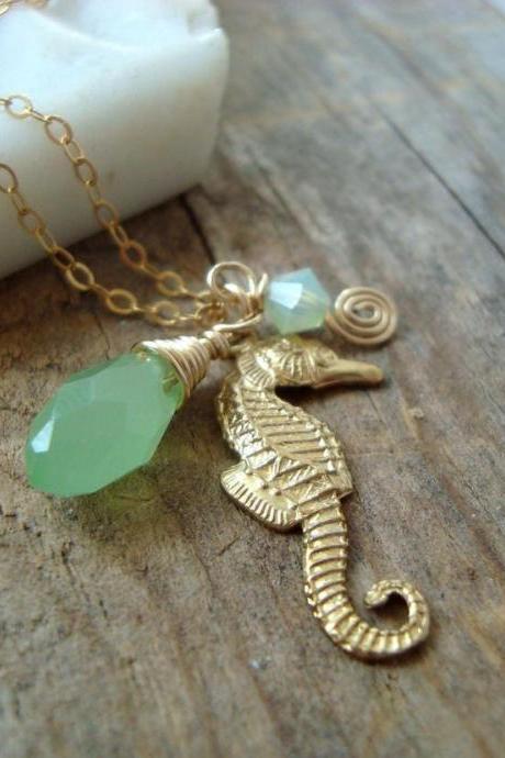 Seahorse Necklace. Gold Seahorse And Mint Green Glass Crystal Beachy Charm Jewelry Summer Mothers Day Beach Weddings Bridesmaid Bridal