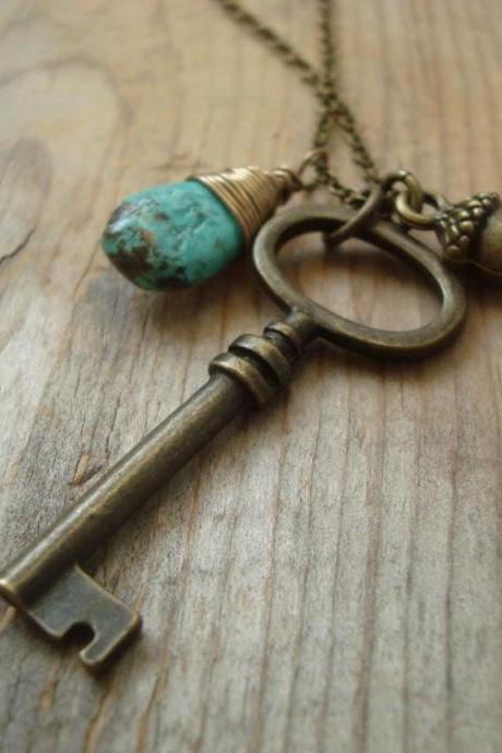 Brass Key Necklace With Turquoise and Acorn Charm Key Jewelry Mothers Day Woodland December Birthstone Gifts Under 50 Long Layering 