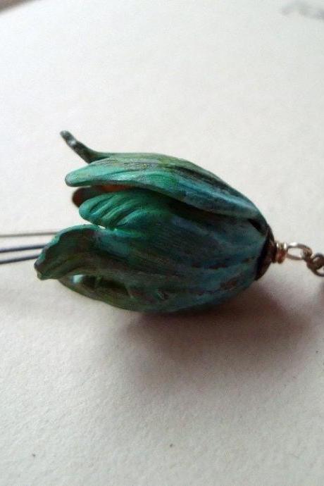 Green Tulip Necklace - Large. Patina Vintage Style Spring Jewelry Bridal Jewelry Gardening Bridesmaid Necklaces Mothers Day Jewelry Floral
