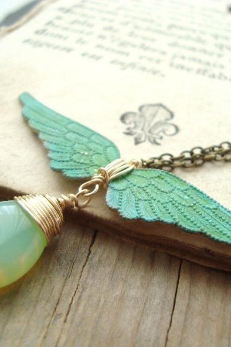 Winged Victory Necklace Patina Brass Jewelry Mint Green Vintage Style Gold Wing Necklace