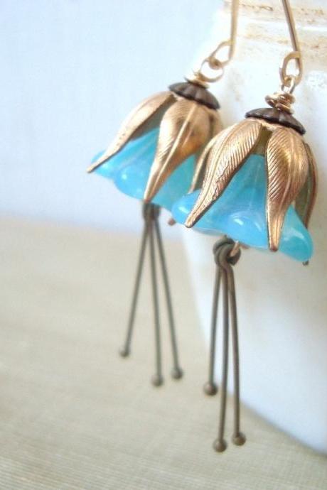 Aqua Blue Blossom Earrings Brass Spring Fashion Bridal Jewelry Flower Jewelry Floral Cottage Chic Garden Party Art Nouveau 