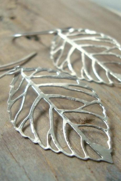 Silver Cutout Leaf Earrings Nature Inspired Modern Zen Minimalist Gifts Under 25 Woodland Jewelry Fall Fashion Dangles Gifts For Her 