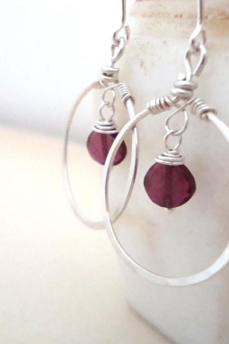 Garnet Heart Hoop Earrings Sterling Silver Holiday Jewelry January Birthstone Valentines Jewelry Small Hoops Gifts Under 50 