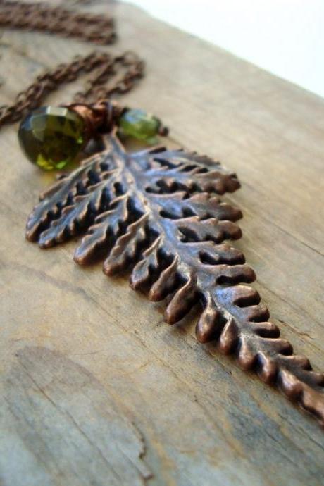 Copper Fern Necklace Olive Green Crystal Peridot August Woodland Statement Necklace Layering Necklace Gifts Under 40 Nature Inspired 