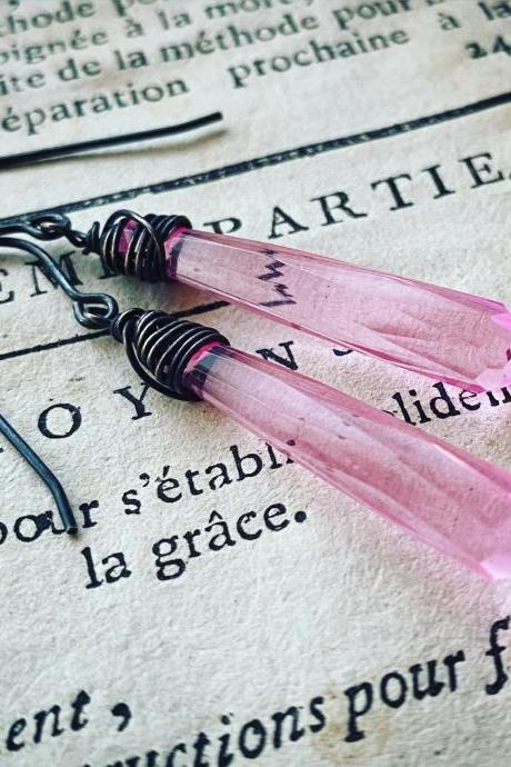Faceted Pink Drop Earrings Vintage Lucite Sterling Wire Wrapped Modern Statement Jewelry Geometric Jewelry May Birthstone Gifts For Her 