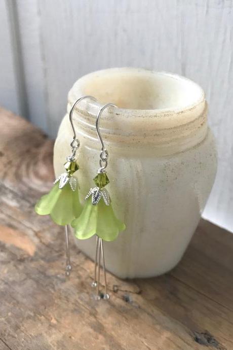 Lime Green Lucite Blossoms Earrings With Crystal Silver Green Flower Jewelry Holiday Bridal Bridesmaid Earrings Floral Jewelry Mothers Day 
