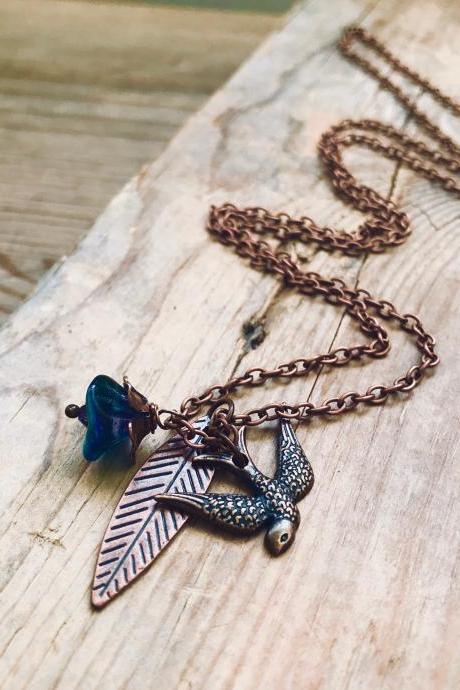 Copper Charm Necklace With Bird, Leaf and Blossom. Gifts Under 30 Woodland Flower Jewelry Fall Jewelry Leaf Necklace Statement Necklace 