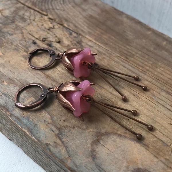 Pink Blossom Earrings With Rose Gold and Copper Vintage Style Bridal Jewelry Flower Jewelry Easter Spring Mothers Day Gifts Under 40 Garden 