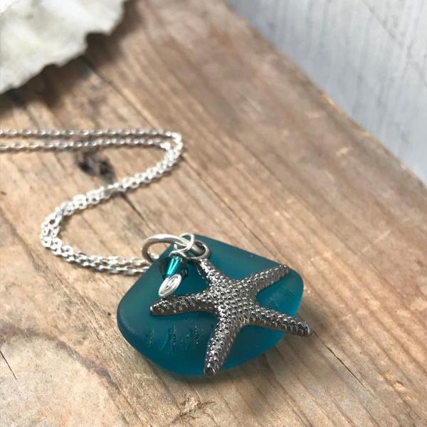 Sea Glass Necklace Teal With Gunmetal Starfish and Crystal Silver Jewelry Beachy Summer Jewelry Gemstone Bridesmaid Necklace Wholesale 